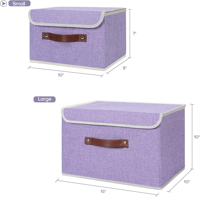 ANMINY Storage Bin with Lid Storage Boxes with PU Leather Handles PP Plastic Board Decorative Foldable Lidded Cotton Linen Fabric Home Cubes Baskets Closet Organizer Container - Purple, Small Size - Image 5