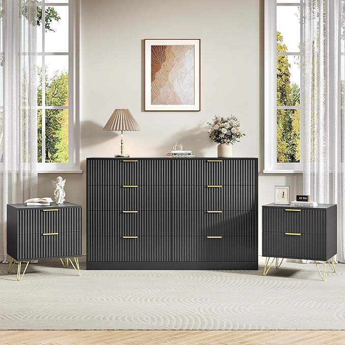 8 Drawer Dresser and Nightstand Sets for Bedroom, 3 Pcs Bedroom Set，Night Stand Set of 2 & 8 Drawer Dresser with Gold Handles, Modern Wood Chest of Drawers Storage Cabinet Set, Black