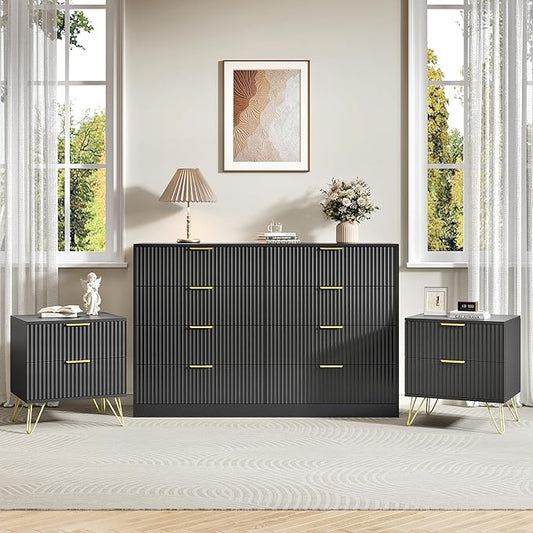 8 Drawer Dresser and Nightstand Sets for Bedroom, 3 Pcs Bedroom Set，Night Stand Set of 2 & 8 Drawer Dresser with Gold Handles, Modern Wood Chest of Drawers Storage Cabinet Set, Black