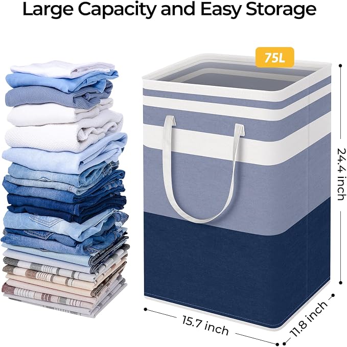 HomeHacks 2-Pack Large Laundry Basket, Waterproof, Freestanding Laundry Hamper, Collapsible Tall Clothes Hamper with Extended Handles for Clothes Toys in the Dorm and Family (Blue, 75L) - Image 4