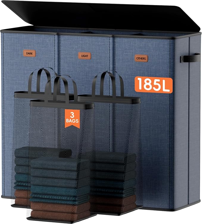 185L Laundry Hamper 3 Section, Laundry Hamper with Lid, Dirty Clothes Hamper with 3 Removable Washing Bags, Extra Large Laundry Basket Organizer for Bedroom, Laundry Room, Dorm - Navy Blue by Vexalora