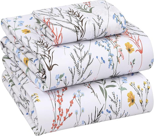 RUVANTI 100% Cotton Sheets – Twin Size Percale Bedding, Cooling & Breathable Floral Design, Durable with a Crisp, Soft & Comfortable Feel, 16" Deep Pocket, 3-Piece Set, Aroma