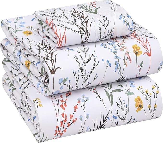 RUVANTI 100% Cotton Sheets – Twin XL Size Percale Bedding, Cooling & Breathable Floral Design, Durable with a Crisp, Soft & Comfortable Feel, 16" Deep Pocket, 3-Piece Set, Aroma