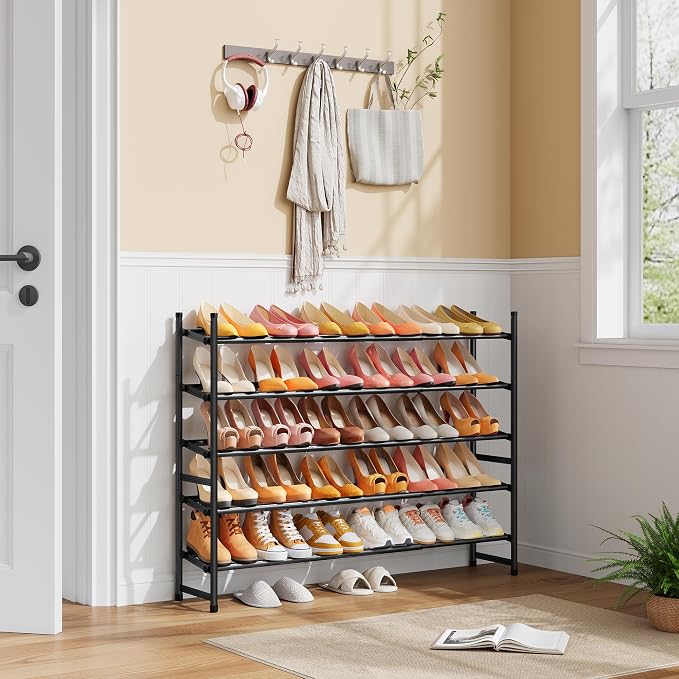 Tajsoon Expandable Shoe Rack for Closet 5 Tier, 29“-41“Adjustable & Stackable Shoe Shelf Storage, Metal Shoe Rack Organizer for Front Door Entrance, Closet, Garage, Entryway, Black - Image 2