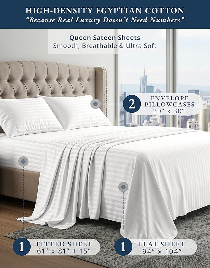 LANE LINEN 100% Egyptian Cotton Queen Sheets Set - Damask Bed Sheets 4 Piece for Size Deep Pocket 16" Fully Elasticized White