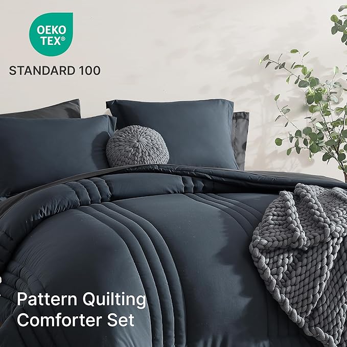Monbix Oversized King Size Comforter Set - 7 Pieces Blue Gray Bed in a Bag Oversized King Bedding Sets with Comforter, All Seasons Comforter Bed Set with Sheets, Pillowcases & Shams