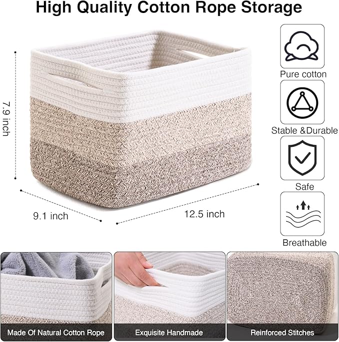 ICERZCZ Shelf Baskets for Organizing, Storage Baskets for Shelves, Woven Baskets for Storage, Cotton Rope Baskets with Handles for Toy, Book, Clothes, 12.5"Lx9.1W"x7.9H", (4 Packs) Gradient Brown - Image 3