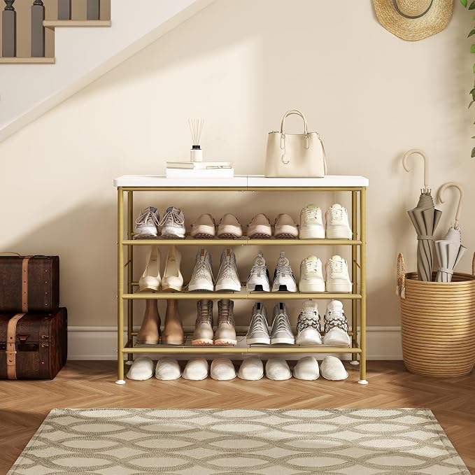 SUOERNUO Shoe Rack Organizer 4 Tier for Closet Entryway Free Standing Metal Storage Shoe Shelf with MDF Top Board，Gold - Image 3