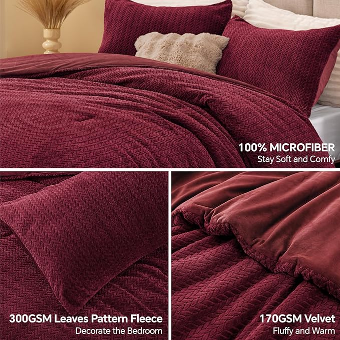 Flannel Fleece Comforter King Set - Furry Burgundy Leaves Pattern Faux Fur Bed Set, Winter Ultra Soft Fuzzy Comfort Set, Velvet Bedding Set for Bed with 2 Pillow Cases