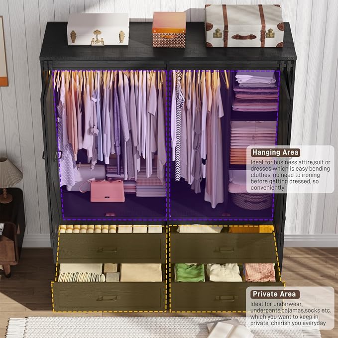 Farmhouse 4 Doors Armoire Wardrobe Closet w/Folding Sliding Barn Door and Lights, LED Armoire Closet w/Drawers for Bedroom, Freestanding Wooden Wardrobe Storage Closets w/Hanging Rod,Rustic Black