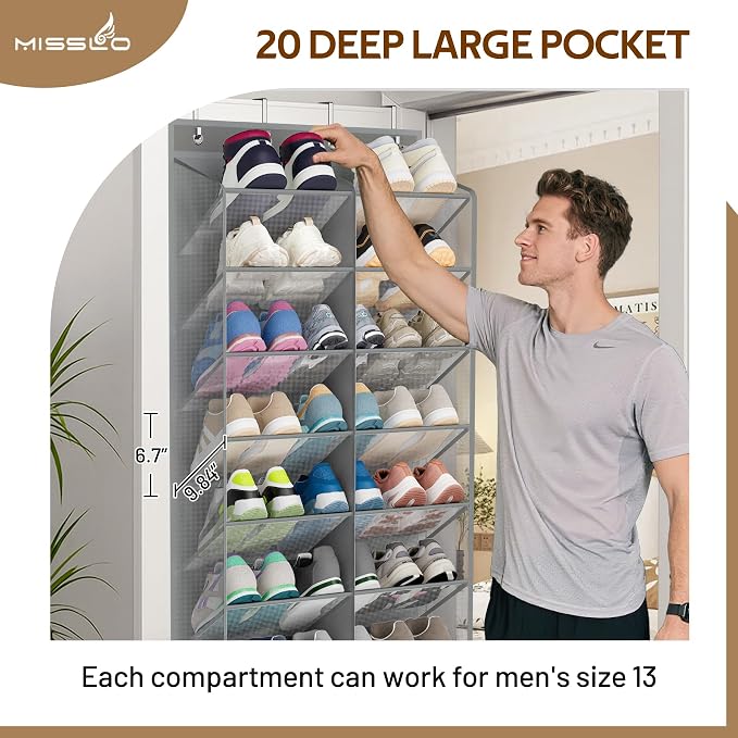 MISSLO 30 Pairs Over the Door Shoe Organizer Breathable Mesh Hanging Shoe Rack for Closet Storage with Wide Deep Pockets 10 Tier Shoes Holder Fit All the Family's Sneakers, Boots, Heels (Grey, 71") - Image 5