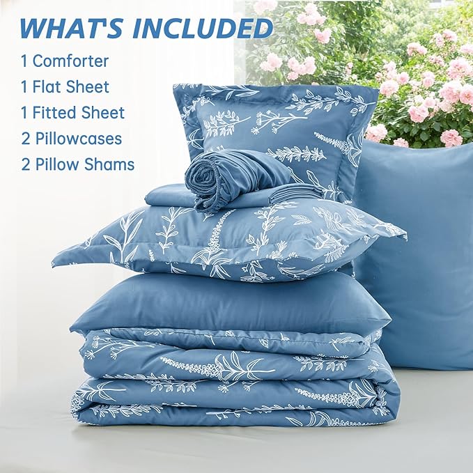 MUXHOMO Ice Blue Full Comforter Set, Elegant Floral Print Bed in a Bag 7 Pieces, Ultra Soft & Breathable Reversible Botanical Pattern Bedding Set with Comforter, Sheets, Pillowcases, and Shams