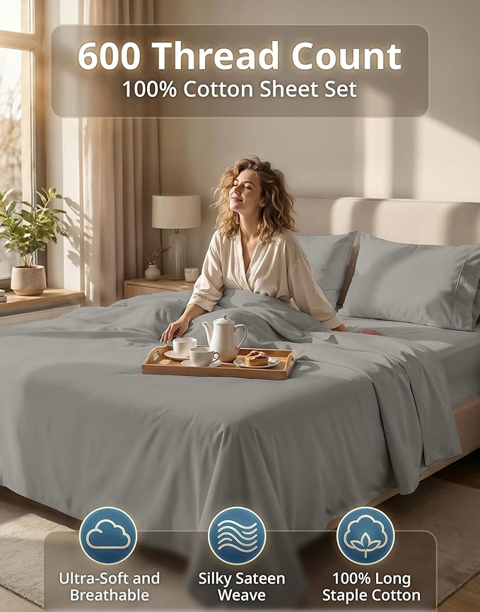 LANE LINEN 100% Cotton Full Bed Sheets Set - 600 Thread Count Premium Sateen Weave - Breathable & Cooling Sheets, Perfect for A Good Night's Sleep in Summer - Fits Mattresses Upto 15'' Deep - Silver