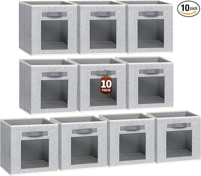 Homsorout Foldable Storage Cubes - Cubby Storage Organizer with Window, Decorative Baskets for Organizing, 11 Inch Fabric Cube Shelf Bins, Set of 10, Light Gray by Homsorout
