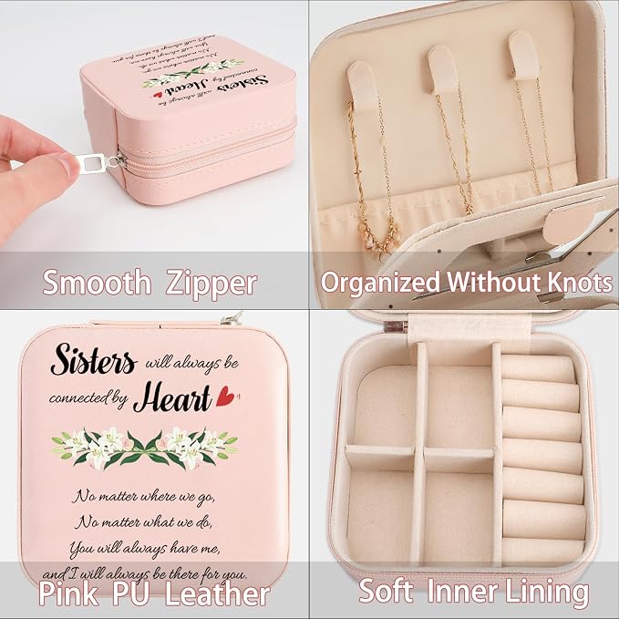 Sisters Jewelry Box Gifts Easter Mothers Day Gifts for Sister Bestie Friend Unique Sister Birthday Gift Wedding Graduation Gift for Sisters BFF Pink Portable Travel Jewelry Case for Besties - Image 4