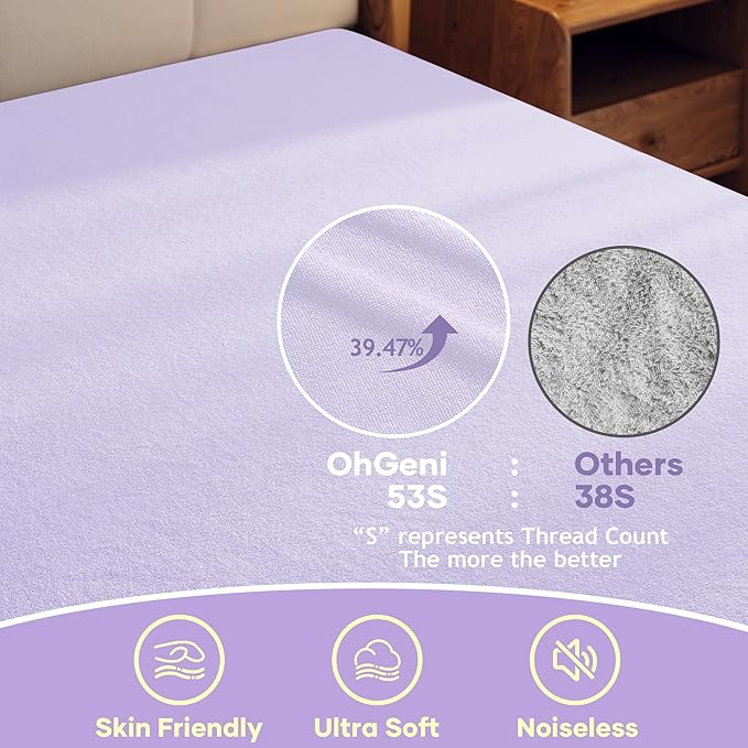 OhGeni 100% Waterproof Mattress Protector, Queen Size Purple, Fitted Sheet with Deep Pockets, 6''-18'', Premium Noiseless Breathable Soft Material, Mattresses Cover for Bed