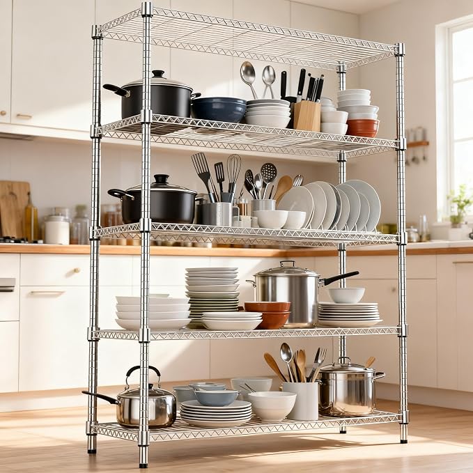 M MZG 1750LBS 47.2" W 5 Tiers Shelf Steel Storage Shelves Metal Shelving Unit Steel Organizer Wire Rack for Home,Kitchen,Office,Garage Chrome 17.7" D x 47.2" W x 72.4" H - Image 2