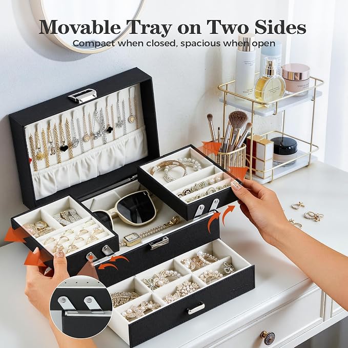 Dajasan Jewelry Organizer Box, Large Jewelry Boxes for Women Girls, Space-Saving 3 Layers Jewelry Storage Case with Drawer, Movable Metal Stand, Modern, Gift Idea (Black) - Image 2
