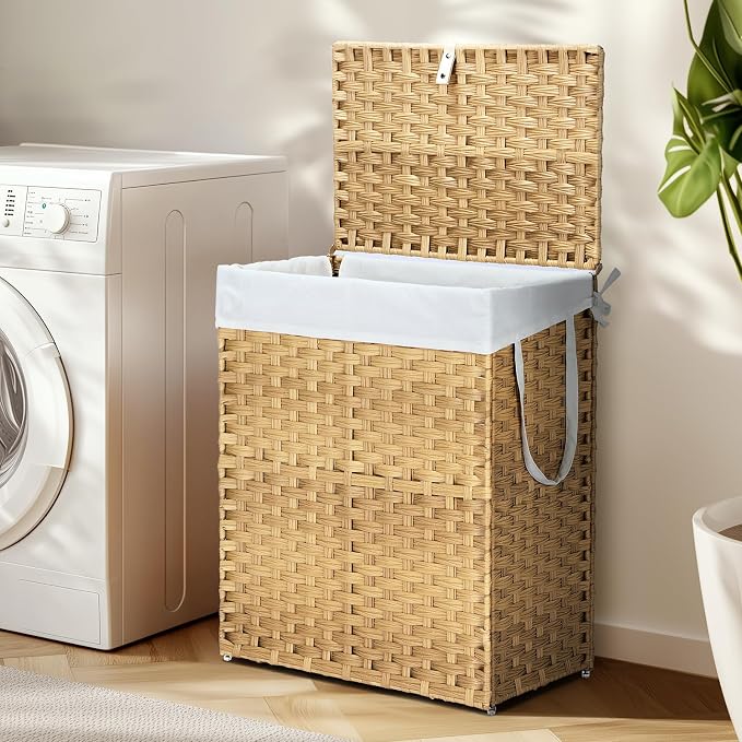 DUMOS Woven Laundry Basket with Lid, 90L Large Capacity Hamper, Removable & Machine-Washable Liner, Foldable Rattan Clothes Hamper, Sturdy Steel Frame, Odor Control, Goose Yellow - Image 2