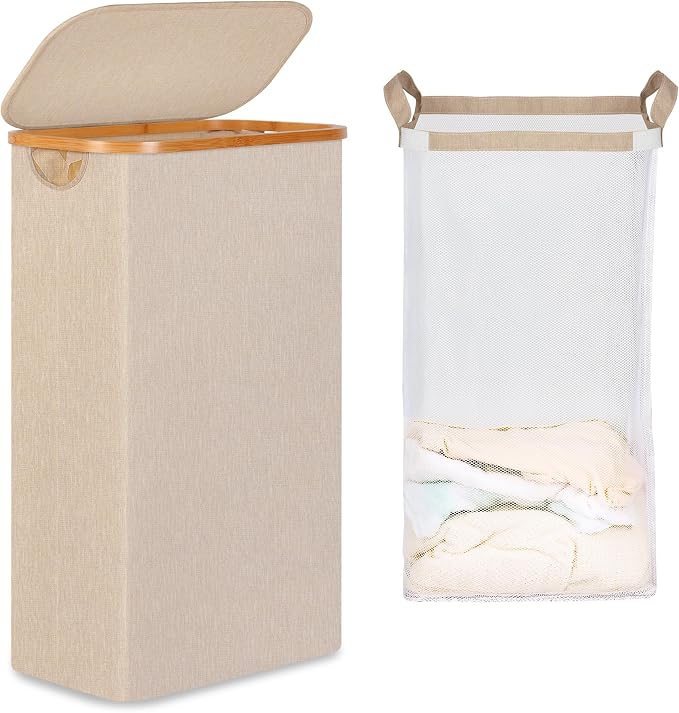 iEGrow 65L Slim Laundry Hamper, Narrow Laundry Basket with Lid,Foldable Clothes Hamper with Bamboo Handles,Hamper Basket with Removable Inner Bag for Laundry Room Bedroom College Dorm,Oatmeal by iEGrow