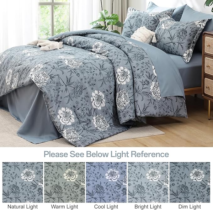 Yiran Queen Size Comforter Set 7 Piece Bed in a Bag Blue Floral Botanical Soft Microfiber Bedding Set Comforter for All Season Bed Set 90"×90"