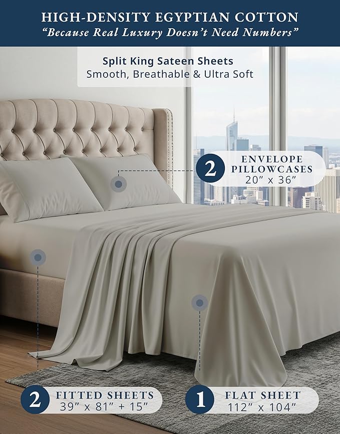 LANE LINEN 100% Egyptian Cotton Split King Sheets for Adjustable Beds Sustainably Produced Luxury Hotel Like Thick Split King Bed Sheets, Machine Washable Cotton Sheets - Silver