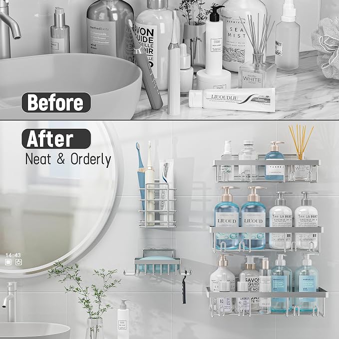 Liuoud 5 Pack Shower Caddy Organizer Rack Shelf for Inside Shower, Self Adhesive Bathroom Wall Storage Basket Rustproof Stainless Steel Large Capacity Shampoo Holder, Silver - Image 6