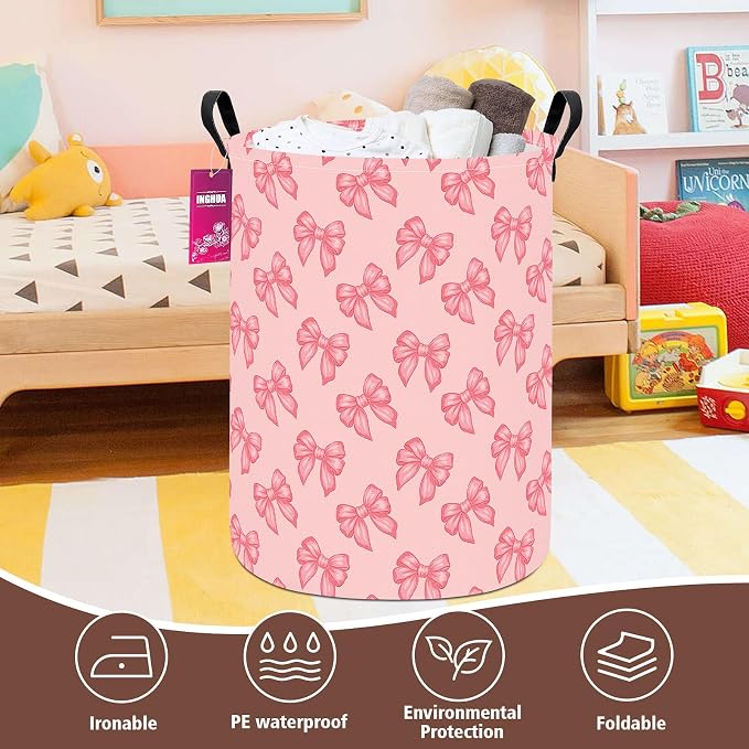 Laundry Hamper Large Canvas Fabric Lightweight Storage Basket/Toy Organizer/Dirty Clothes Collapsible Waterproof for College Dorms, Boys and Girls Bedroom,Bathroom(Pink bowknots) - Image 7