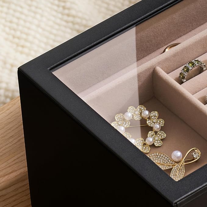 pickpiff Jewelry Box Organizer Case for Women: 4-Layer Jewelry Storage Case with Glass Window, Black Leather with Blush Velvet, Holder for Ring Necklace Bracelet Brooch Watch, Great Gift for Her - Image 9