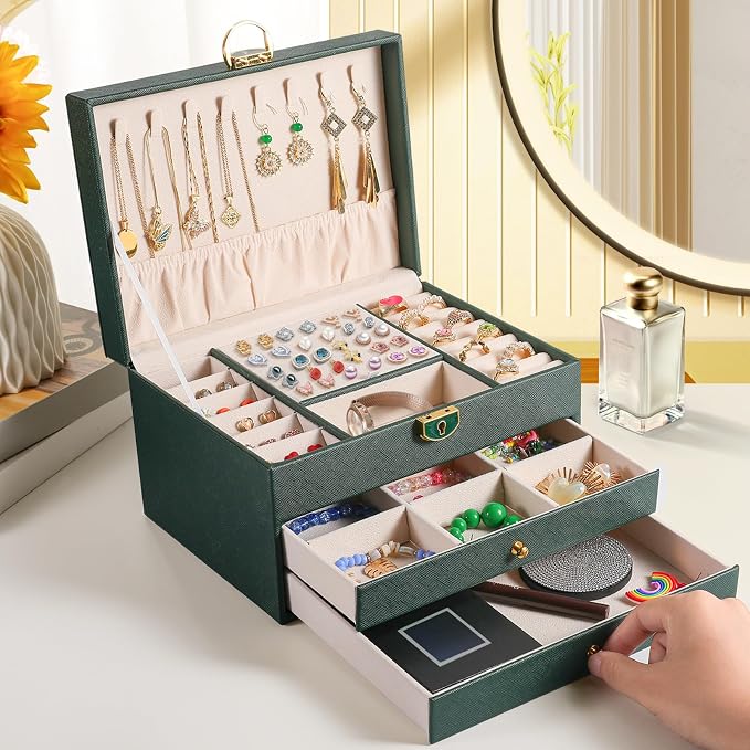 coobest 3 Layer Jewelry Box, Jewelry Holder Organizer with 2 Drawer Tray, Large boxes for Women Velvet Earring Organizer, Lockable & Organizers, Birthday Gifts for Women Mom, Green by Coobest