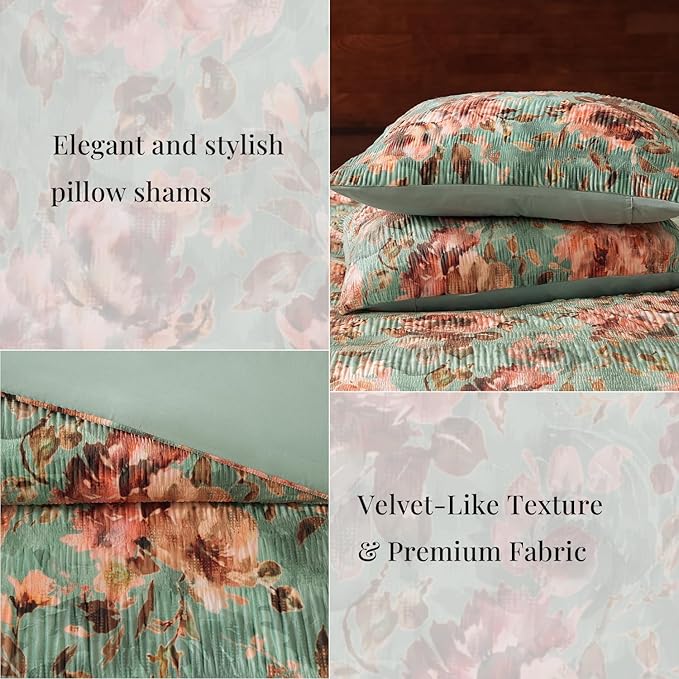 CASAAGUSTO King Comforter Set, 7 PCS Sage & Red Floral Comforter Set with Flowers Leaves Pattern, Soft Velvet Design for Winter King Size Bedding Set(102"X90")