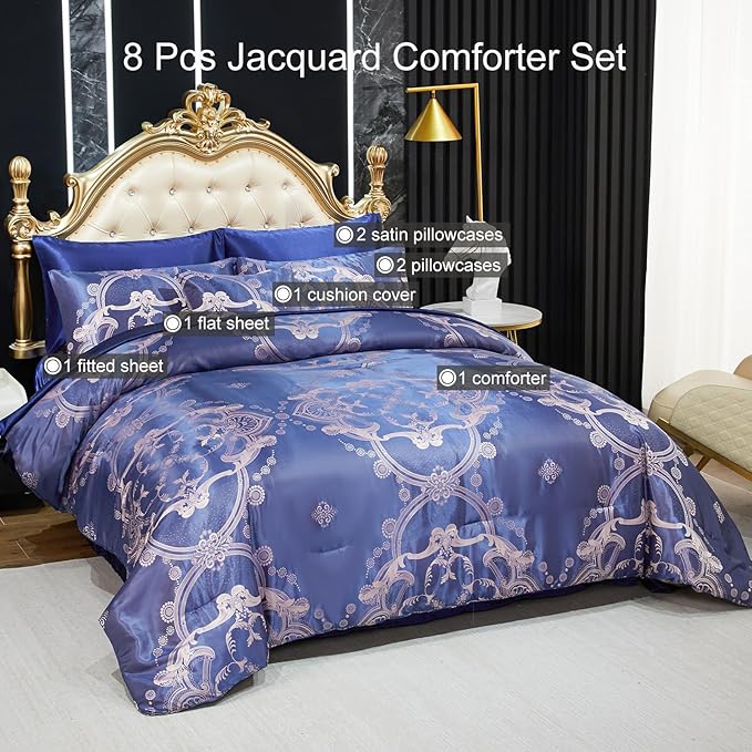 Bedding_Dreamer Blue Comforter Set Satin Sheet Set Jacquard Queen Bedding Set 8 Pcs Vintage Neoclassical Floral Bed Home Decor Soft Comforter Luxury Hotel Silky Bed in a Bag with 1 Cushion Cover