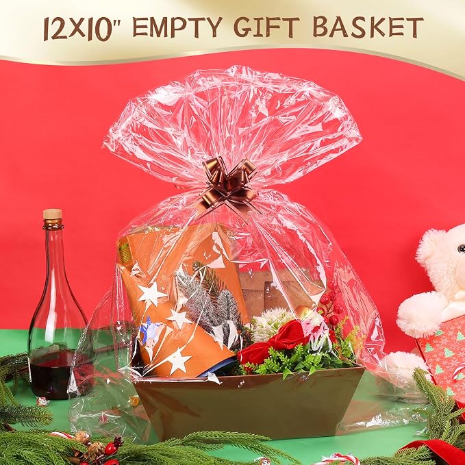 AFOROEOA 10PACK Baskets for Gifts Empty, 10x12”Thick Brown Gift Basket with Handles 10 Bows 10 Bags Empty Gift Baskets for Christmas Thanksgiving Wedding Birthday Party Wrapping Gift - Image 6