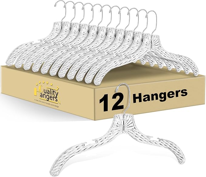 Quality Clear Plastic Hangers 12 Pack - Durable Crystal Cut Heavy Duty Hangers for Clothes, Shirts, Suits, Coats, Dresses by QualityHangers