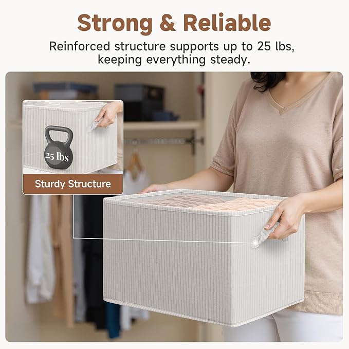 StorageWorks Foldable Shelf Organizer Bins, Closet Storage Baskets for Clothes, Storage Bins for Organization, Beige Stripes, 3-Pack, Extra Large - Image 6