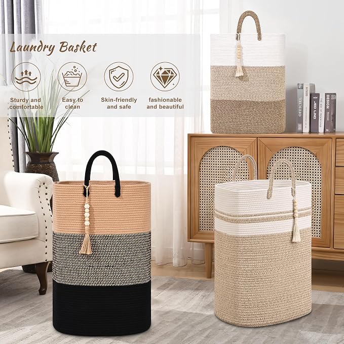 Woven Laundry Basket for Clothes, 50 L Large Rectangle Laundry Hampers with Beads Tassel, Nursery Storage Basket for Toys, Tall Dirty Clothes Hamper for Bedroom Aesthetic, Laundry Room Organization - Image 8