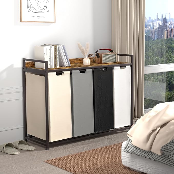 Herture Laundry Hamper with Shelf, Laundry Basket 4 Section, Laundry Sorter with Pull-Out Removable Large 4 Color Bags and Movable Wheels, Metal Frame, 4 x 15.87 Gallons (60L), Rustic Brown PF07XLN - Image 3