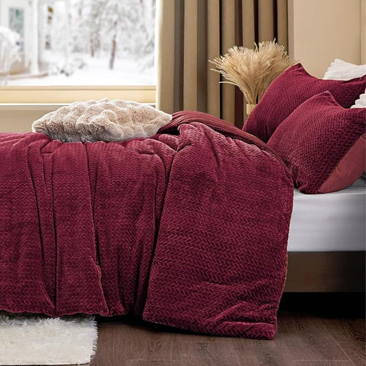 Flannel Fleece Twin Comforter Set - Furry Burgundy Leaves Pattern Faux Fur Bed Set, Winter Ultra Soft Fuzzy Comfort Set, Velvet Bedding Set for Bed with 1 Pillow case