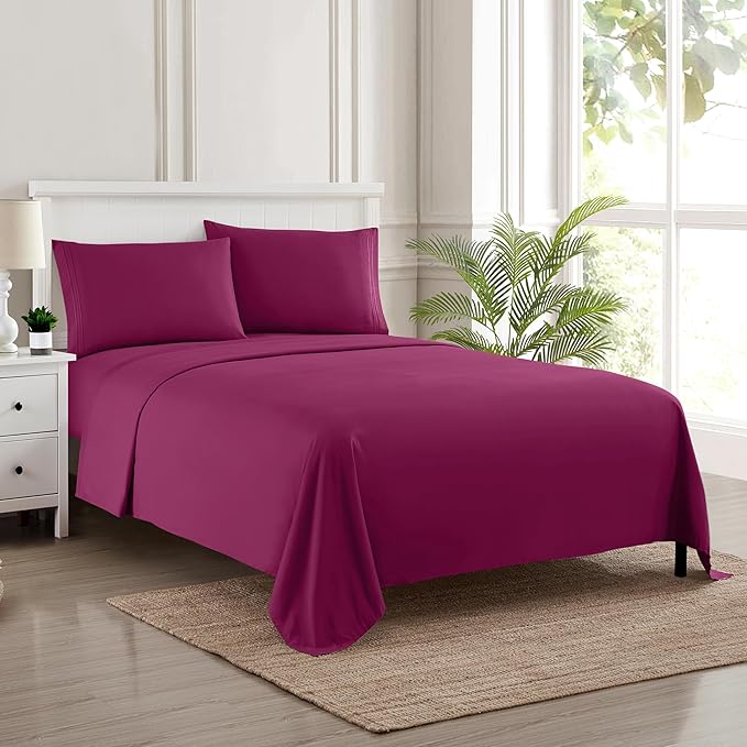Queen Size Bed Sheets - Breathable Luxury Sheets with Full Elastic & Secure Corner Straps Built In - 1800 Supreme Collection Extra Soft Deep Pocket Bedding Set, Sheet Set, Queen, Berry