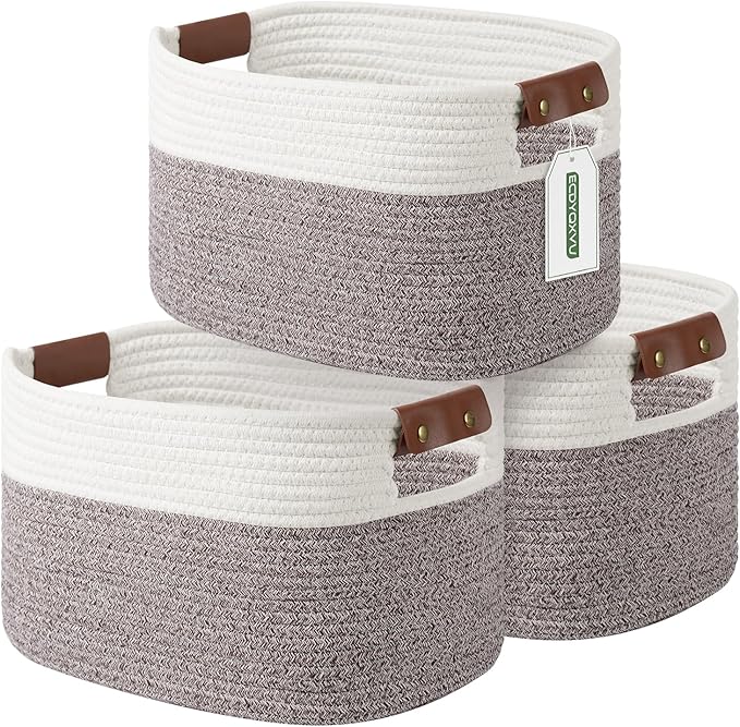 ECDYQXVU Cotton Rope Basket, Storage Baskets with Handle, 15x10x9 Inch Woven Basket for Shelves, Laundry, Towels, Clothes, Books (White Brown 3 Pack) by ECDYQXVU