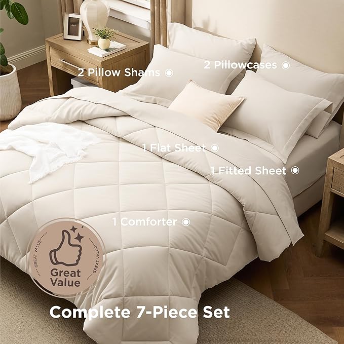 Bedsure 7 Pieces Full Comforter Set Premium Series, Hotel Luxury Soft Bed in a Bag, Goose Down Alternative, Safe for Sensitive Skin Bedding Comforter All Season Medium Warmth, Beige Full Size