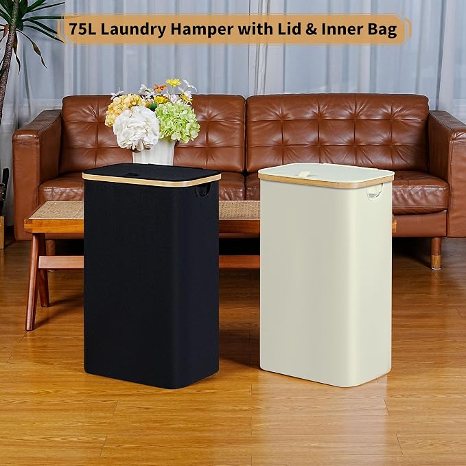 iEGrow 75L Slim Laundry Hamper, Narrow Laundry Basket with Lid,Foldable Clothes Hamper with Bamboo Handles,Hamper Basket with Removable Inner Bag for Laundry Room Bedroom College Dorm,19.8 Gals Black - Image 5