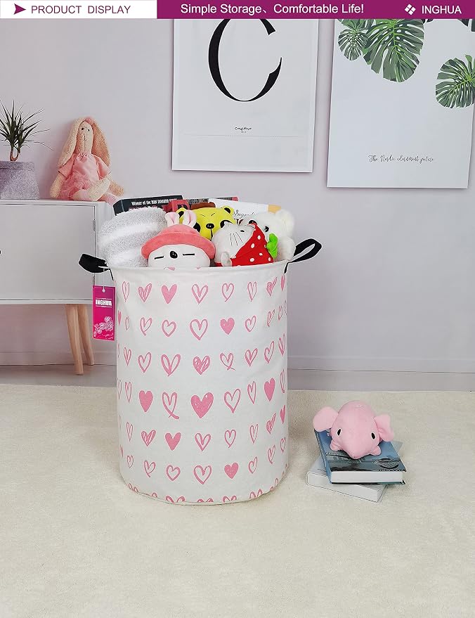 Laundry Hamper Large Canvas Fabric Lightweight Storage Basket/Toy Organizer/Dirty Clothes Collapsible Waterproof for College Dorms, Boys and Girls Bedroom,Bathroom(Pink hearts) - Image 3