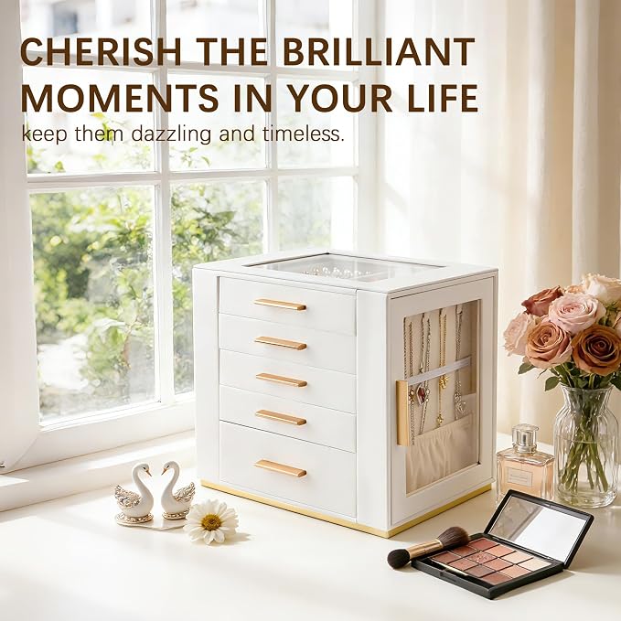 Homeanda Jewelry Box for Women with Glass Lid, 5 Drawers Jewelry Organizer and Storage for Necklaces, Rings, Earrings, Bracelets, Gift for Girls and Teens,PU Leather (White) - Image 7