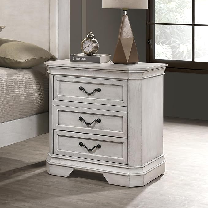 Roundhill Furniture Maderne Wood Panel Bed with Two Nightstand, Queen, Antique White Finish