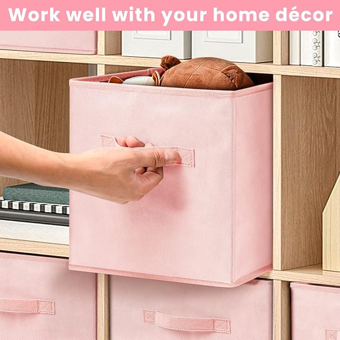Criusia Storage Cubes - 11 Inch Heavy Duty Fabric Storage Bins for Shelves Closet, Cube Organizer - 8 Pack Collapsible Cube Storage Bins Baskets for Organizing Clothes Blankets Toys (Pink) - Image 5
