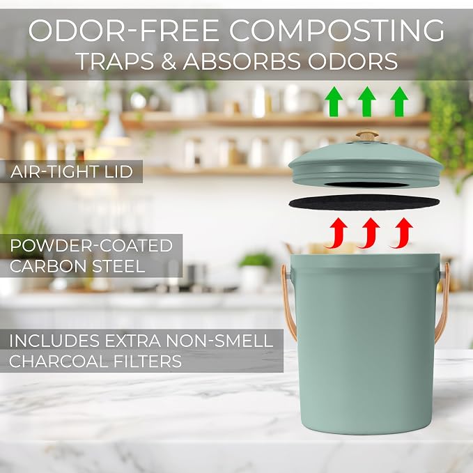 Beautiful Kitchen Compost Bin with Smell Proof Lid - Rust Proof and Odorless Compost Bucket for Your Countertop with No Smell Filters - Easy to Clean 1.1 Gallon Bin Looks Great On Any Kitchen Counter - Image 6