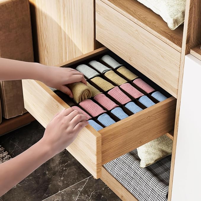 Joyoldelf Sock Organizer Drawer Organizer - 2 Packs Underwear Organizer, 24 Cells Collapsible Closet Organizers and Storage Sock Holders Organizers for Storing Socks, Ties, Belts (Brown), LF001Brown - Image 4