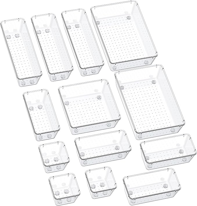 SMARTAKE 13-Piece Drawer Organizers with Non-Slip Silicone Pads, 5-Size Desk Bathroom Drawer Organizer Trays Storage Tray for Makeup, Jewelries, Utensils in Bedroom Dresser, Office and Kitchen, Clear by SMARTAKE