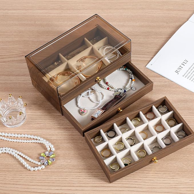 3 Layer Wooden Drawers Jewelry Box Vintage Style Jewelry Organizer with Acrylic Cover, Jewelry Storage Display Box for Ring Earrings Necklace Bracelet Box for Women and Girls(Walnut Color) (A) - Image 6
